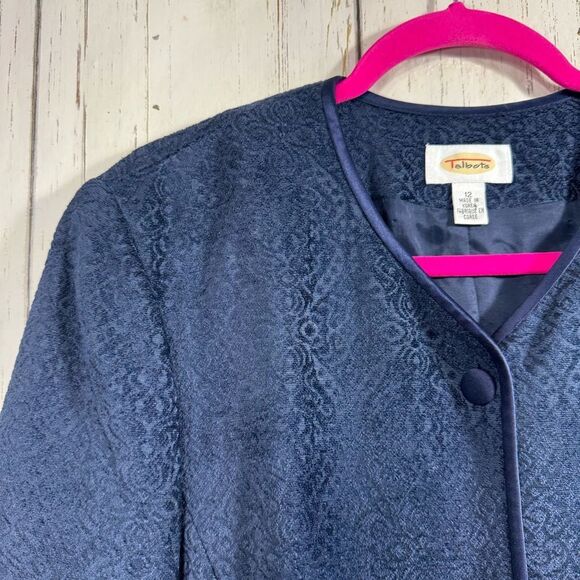Vintage Talbots Navy Jacquard Silk Trim Blazer Classic Elegant Quiet Luxury - Picture 2 of 13